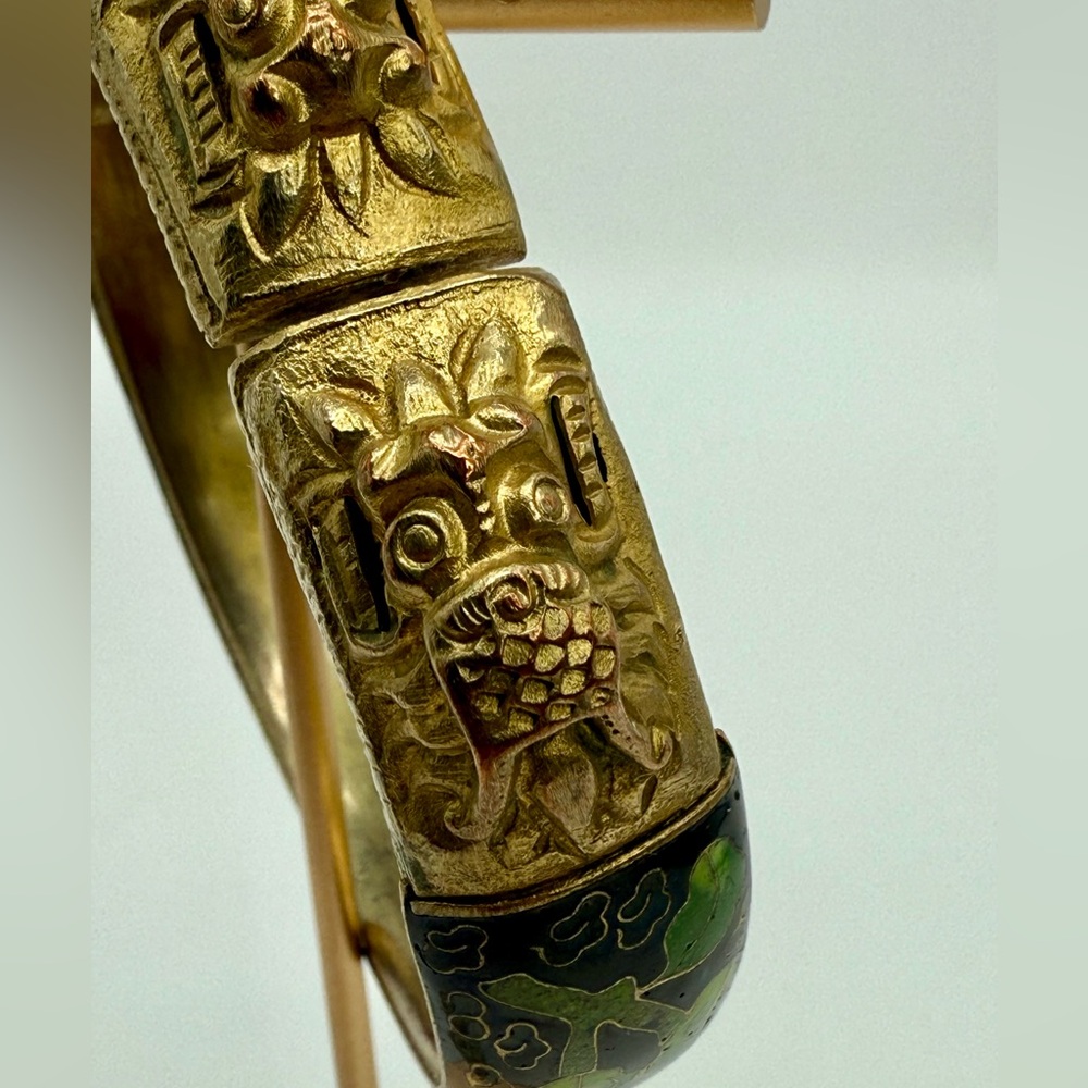 Vintage Cloisonné Twin Dragon Bangle Bracelet Black Enamel Floral 2.5” - Picture 16 of 17